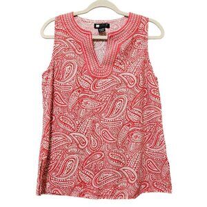 Carole Little Tank Top Womens Size‎ Large Linen Blend Red White Paisley V-Neck